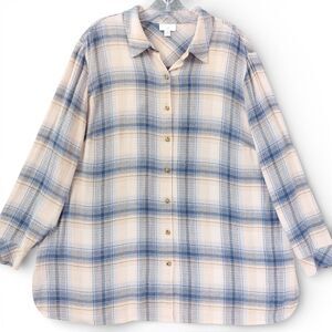 J.Jill XL Plaid Flannel Shirt Blue Beige Button Up Soft Cozy Boho Cottagecore
